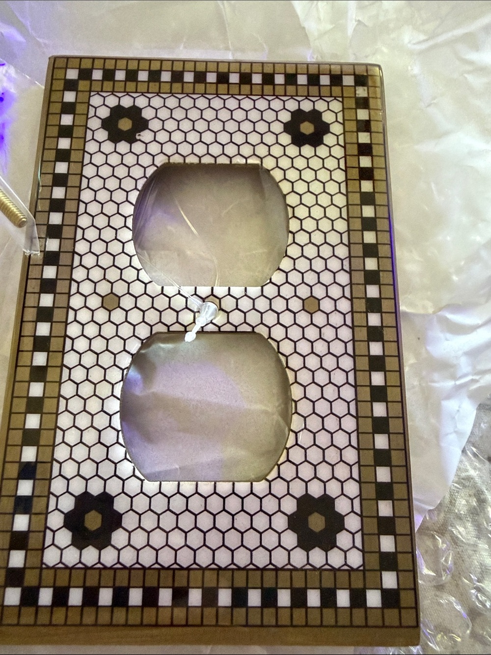 Anthropologie Bistro Tile Pattern Double Outlet Cover - White, Black, Gold